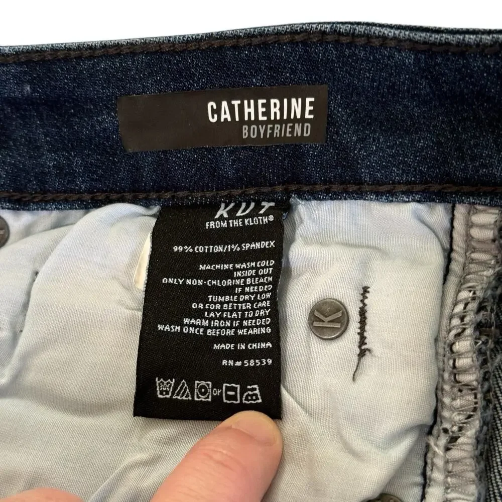 NEW KUT from the Kloth Catherine Boyfriend Jeans 12 Blue Dark Wash Distressed